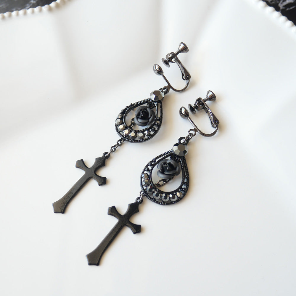 黒薔薇 ロングクロス ゴシックイヤリング ブラックローズ＆クロス