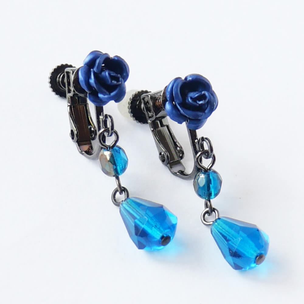 Blue Rose & Blue Crystal Earrings