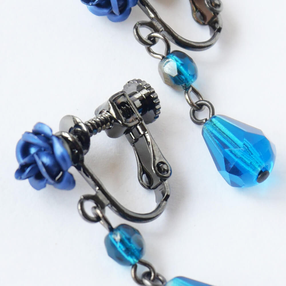Blue Rose & Blue Crystal Earrings