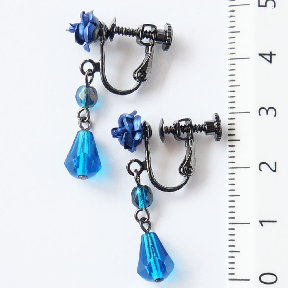Blue Rose & Blue Crystal Earrings
