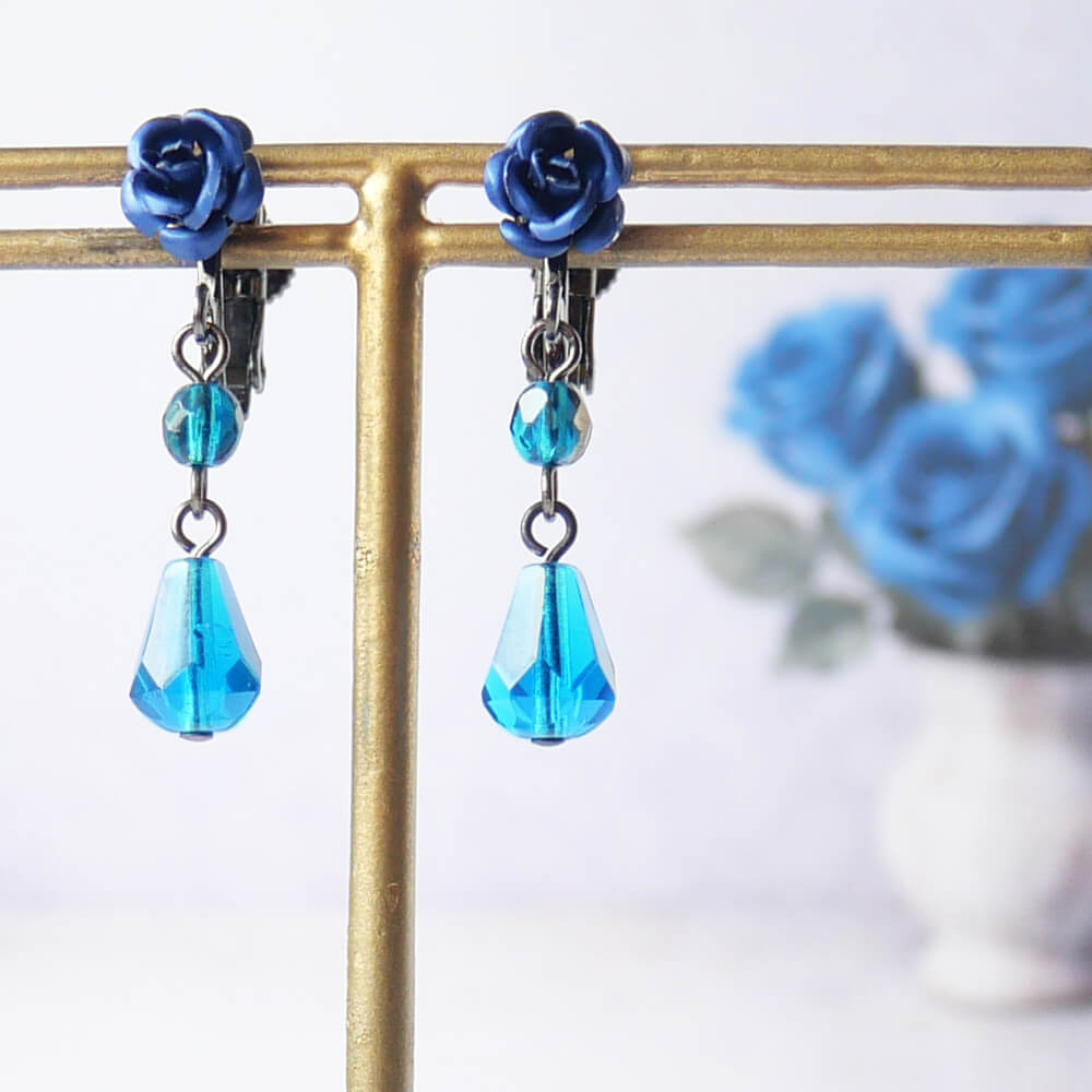 Blue Rose & Blue Crystal Earrings