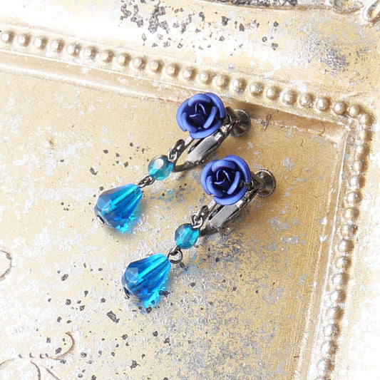 ブルーローズ＆ブルークリスタルイヤリング