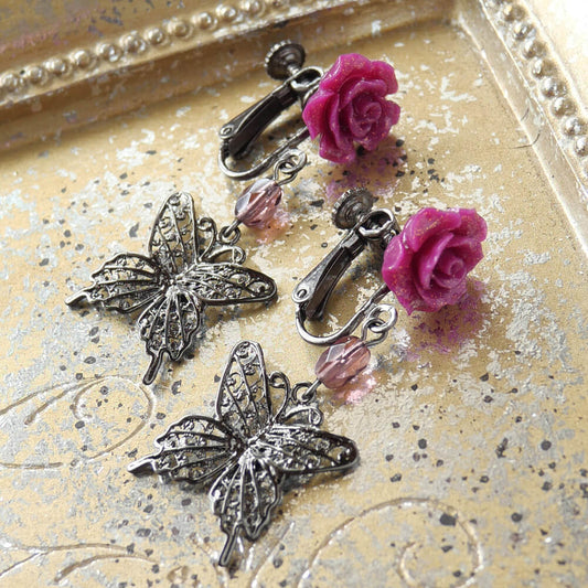 ステンド バタフライ ローズ イヤリング 蝶 薔薇