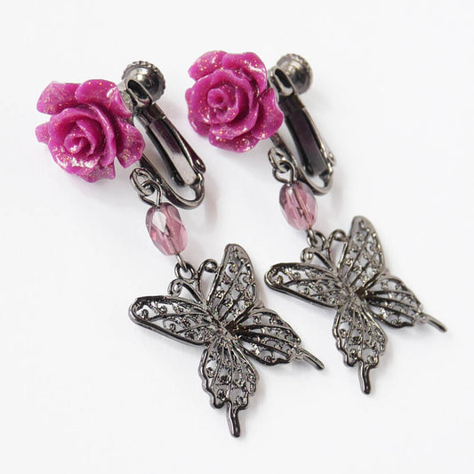 ステンド バタフライ ローズ イヤリング 蝶 薔薇