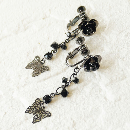 黒薔薇  ブラックストーン 蝶 ロング イヤリング