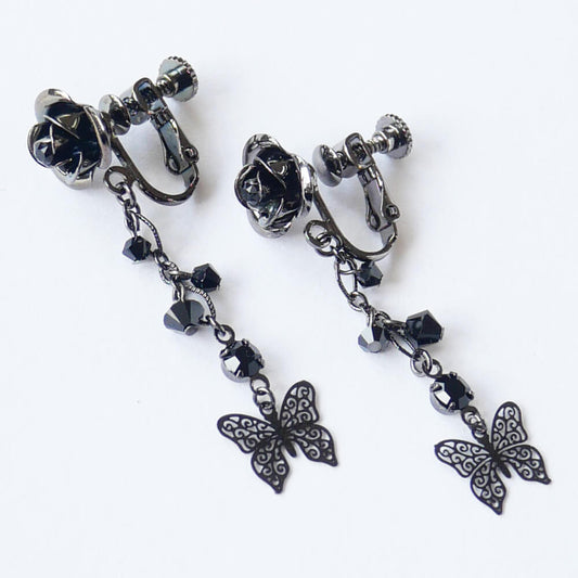 黒薔薇  ブラックストーン 蝶 ロング イヤリング
