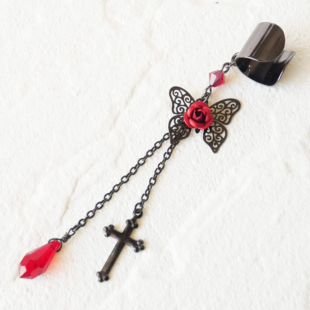 イヤーカフ 蝶 バタフライ ステンド レッド ローズ ゴスロリ