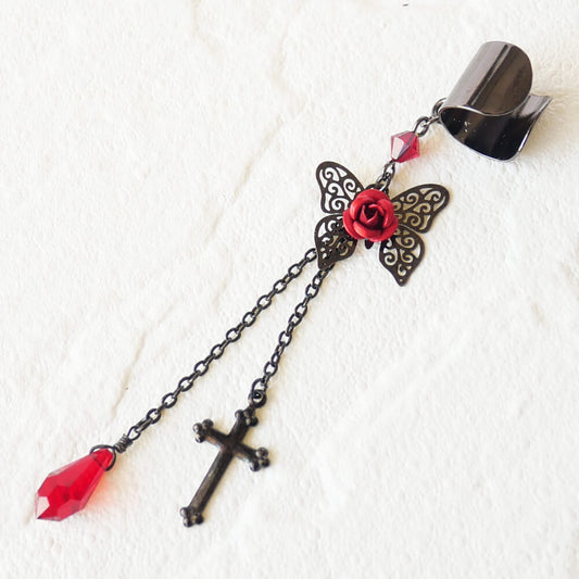 イヤーカフ 蝶 バタフライ ステンド レッド ローズ ゴスロリ