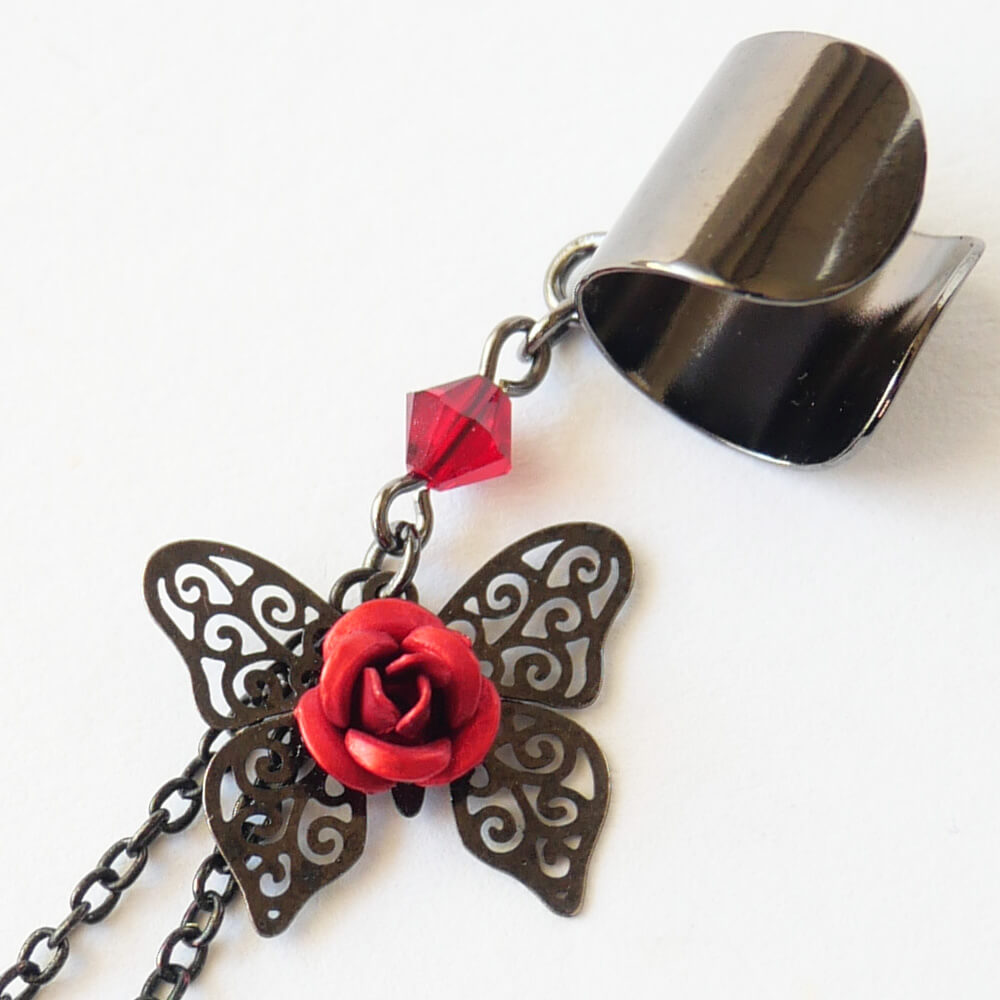 イヤーカフ 蝶 バタフライ ステンド レッド ローズ ゴスロリ