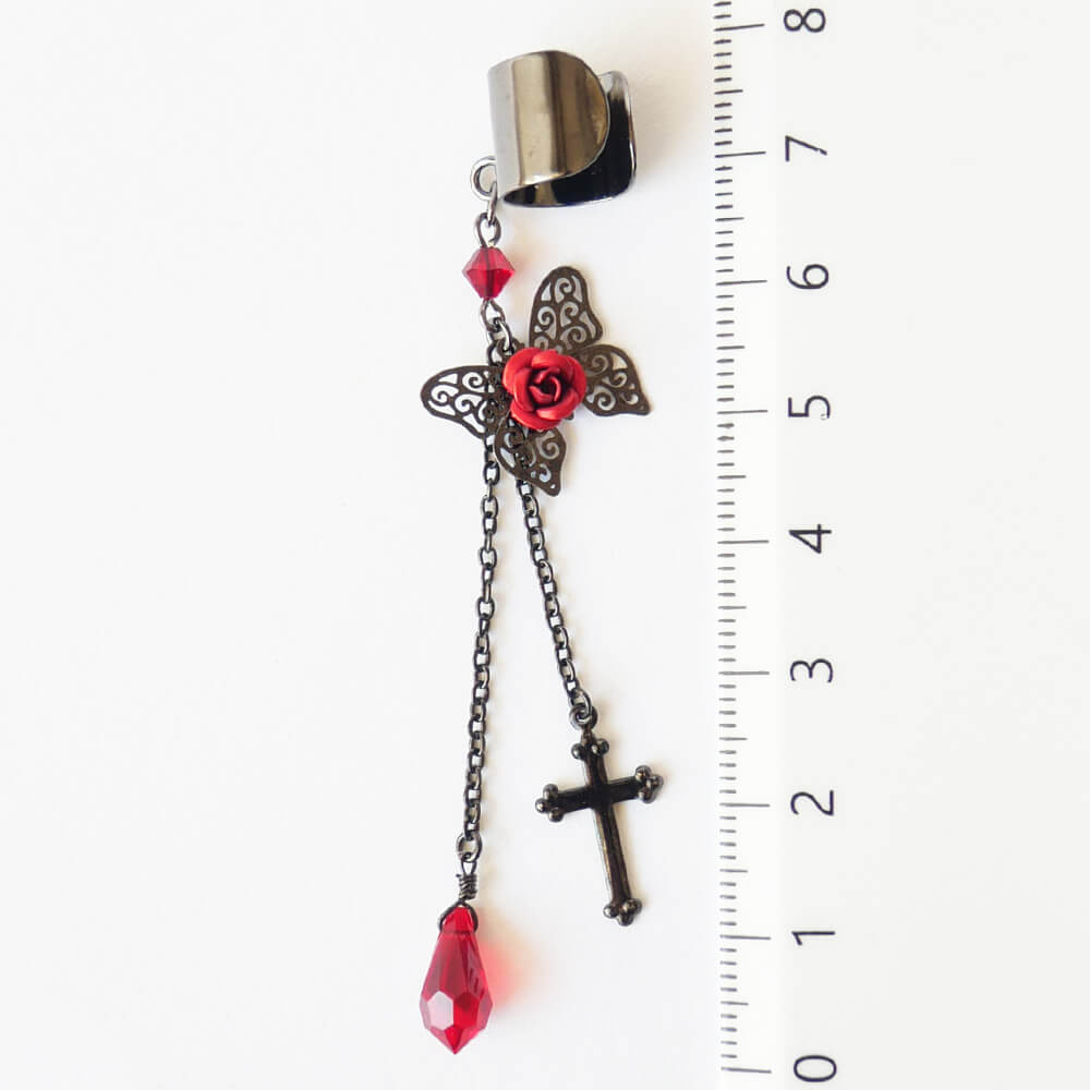 イヤーカフ 蝶 バタフライ ステンド レッド ローズ ゴスロリ