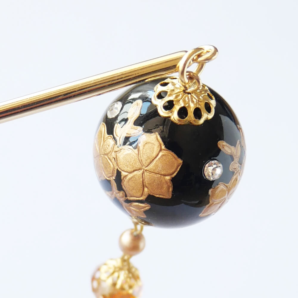 簪 黒玉＆金花 クリスタル チェーン かんざし