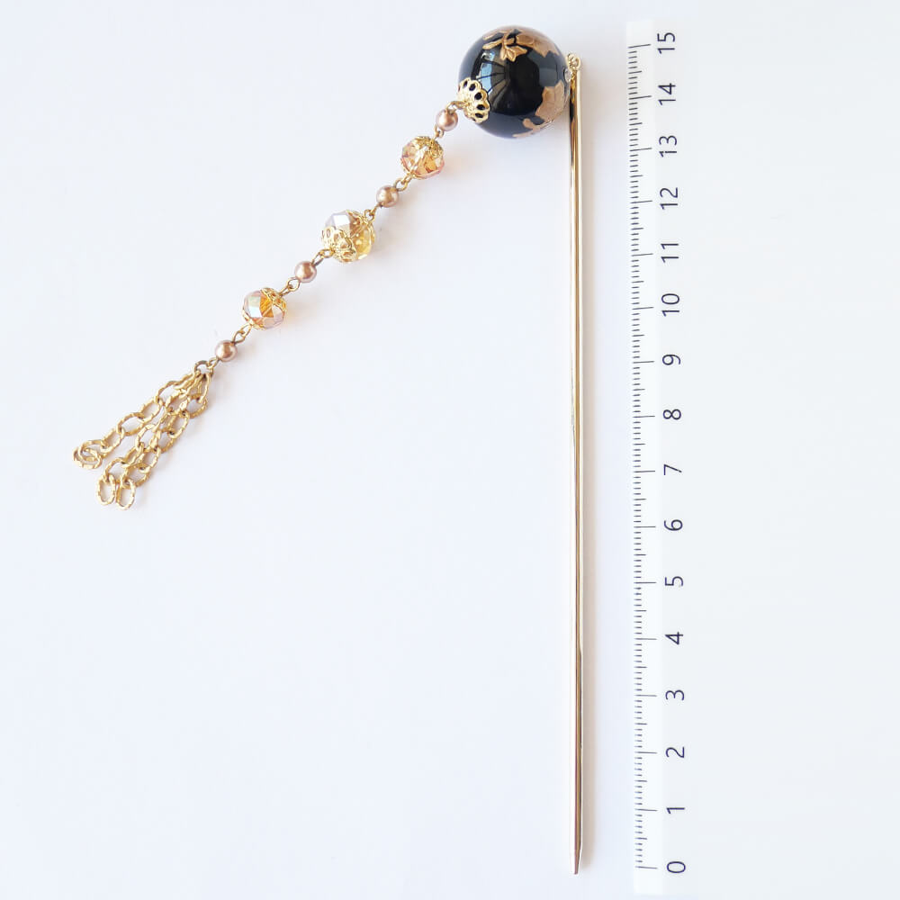 簪 黒玉＆金花 クリスタル チェーン かんざし