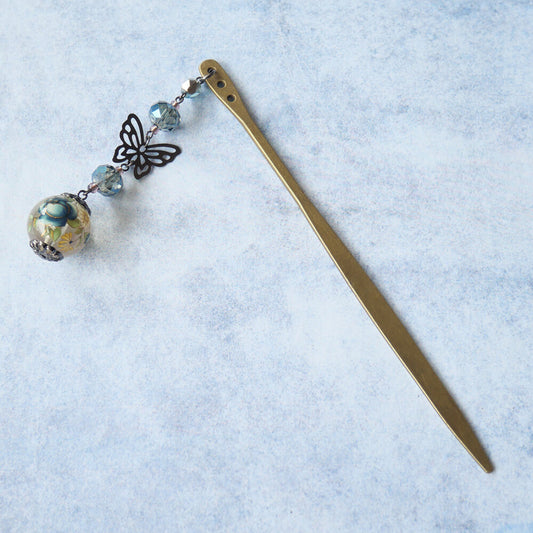Kanzashi Hair Stick - Black Butterfly Transfer Bead with Stone - Gothic Lolita
