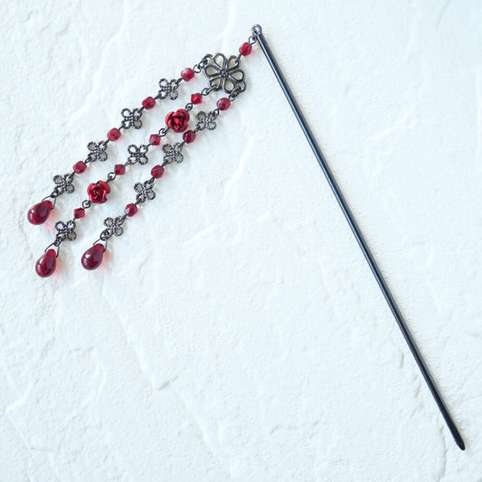 【ゴスロリ簪】赤 薔薇 黒かんざし バラ レッド