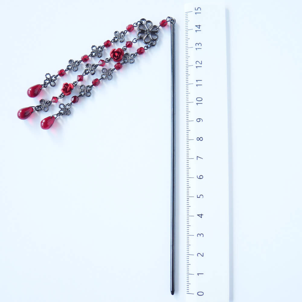 【ゴスロリ簪】赤 薔薇 黒かんざし バラ レッド