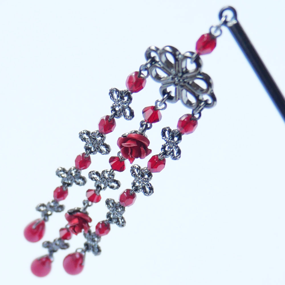 【ゴスロリ簪】赤 薔薇 黒かんざし バラ レッド