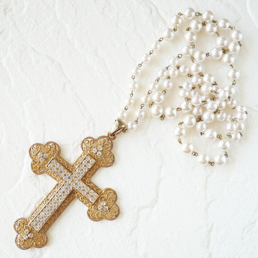 Vintage Cross Crystal Stone Pearl Necklace