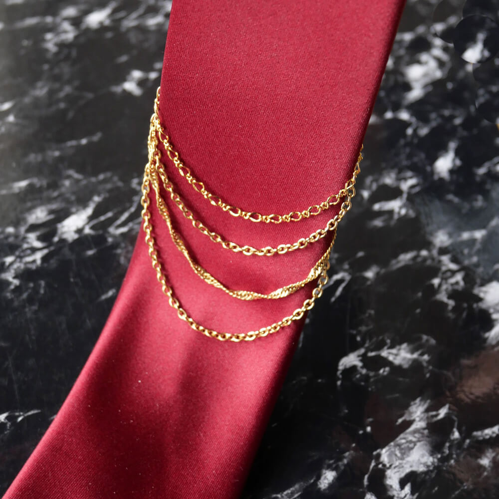 Tie Chain for Men, 4-Strand Mixed Chain, Drape, Tie Pin Style Accessory for Formal Wear, Suits, Weddings, Parties