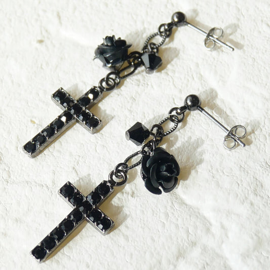 クロス ローズ ピアス 十字架 薔薇