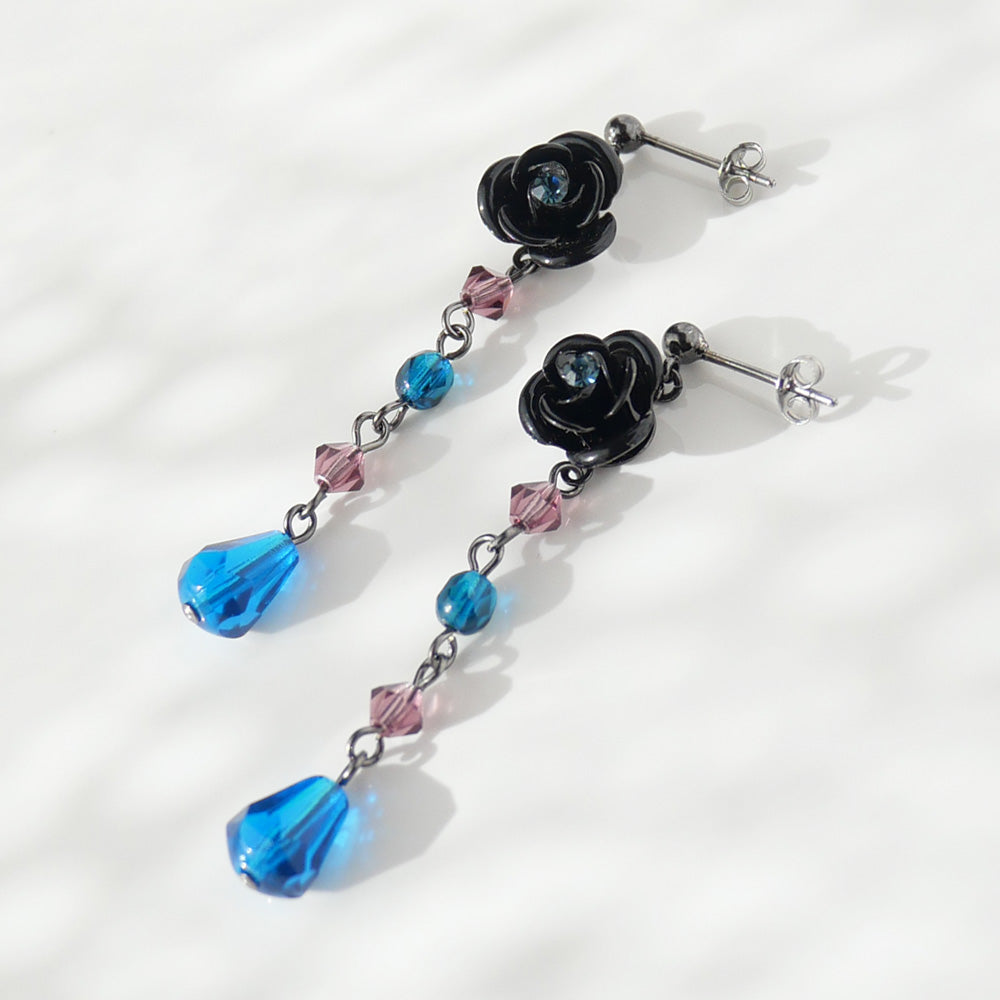 Caribbean Blue, Purple Crystal Long Rose Earrings