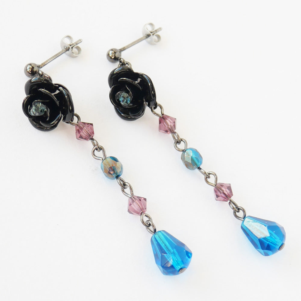 Caribbean Blue, Purple Crystal Long Rose Earrings