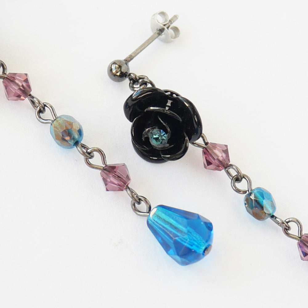 Caribbean Blue, Purple Crystal Long Rose Earrings