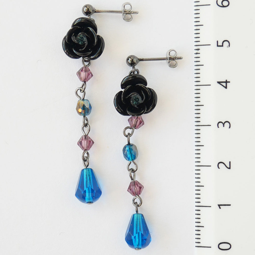 Caribbean Blue, Purple Crystal Long Rose Earrings