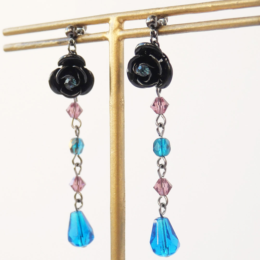 Caribbean Blue, Purple Crystal Long Rose Earrings