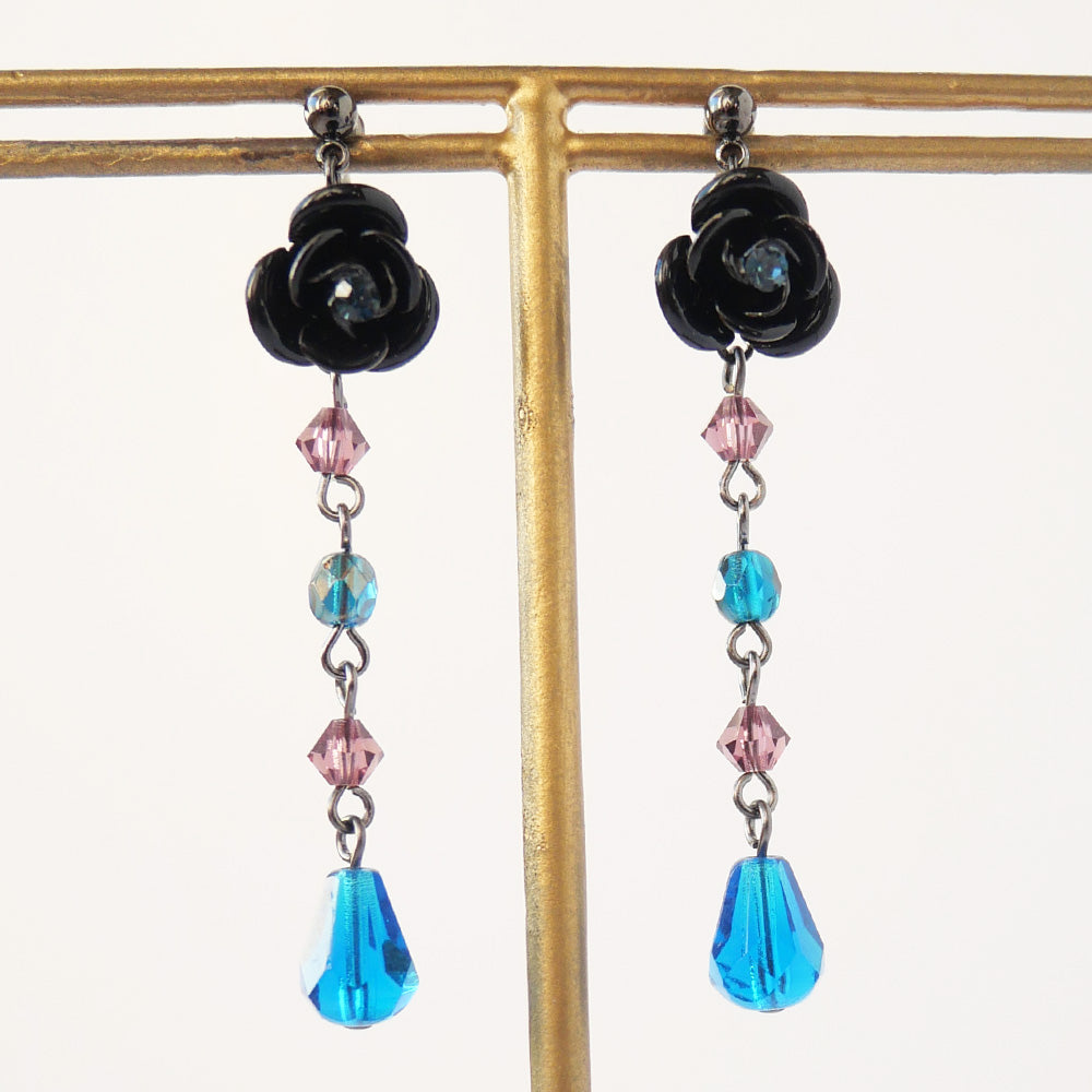 Caribbean Blue, Purple Crystal Long Rose Earrings