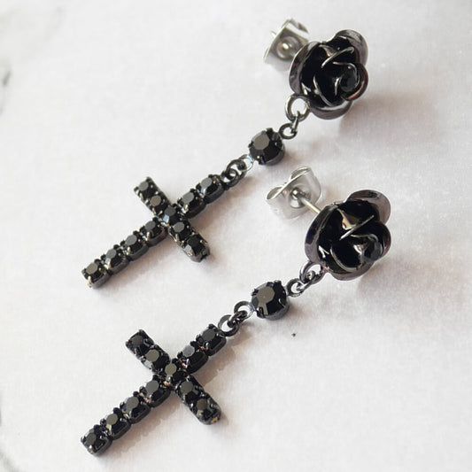 Gothic Black Rose Cross Black Earrings