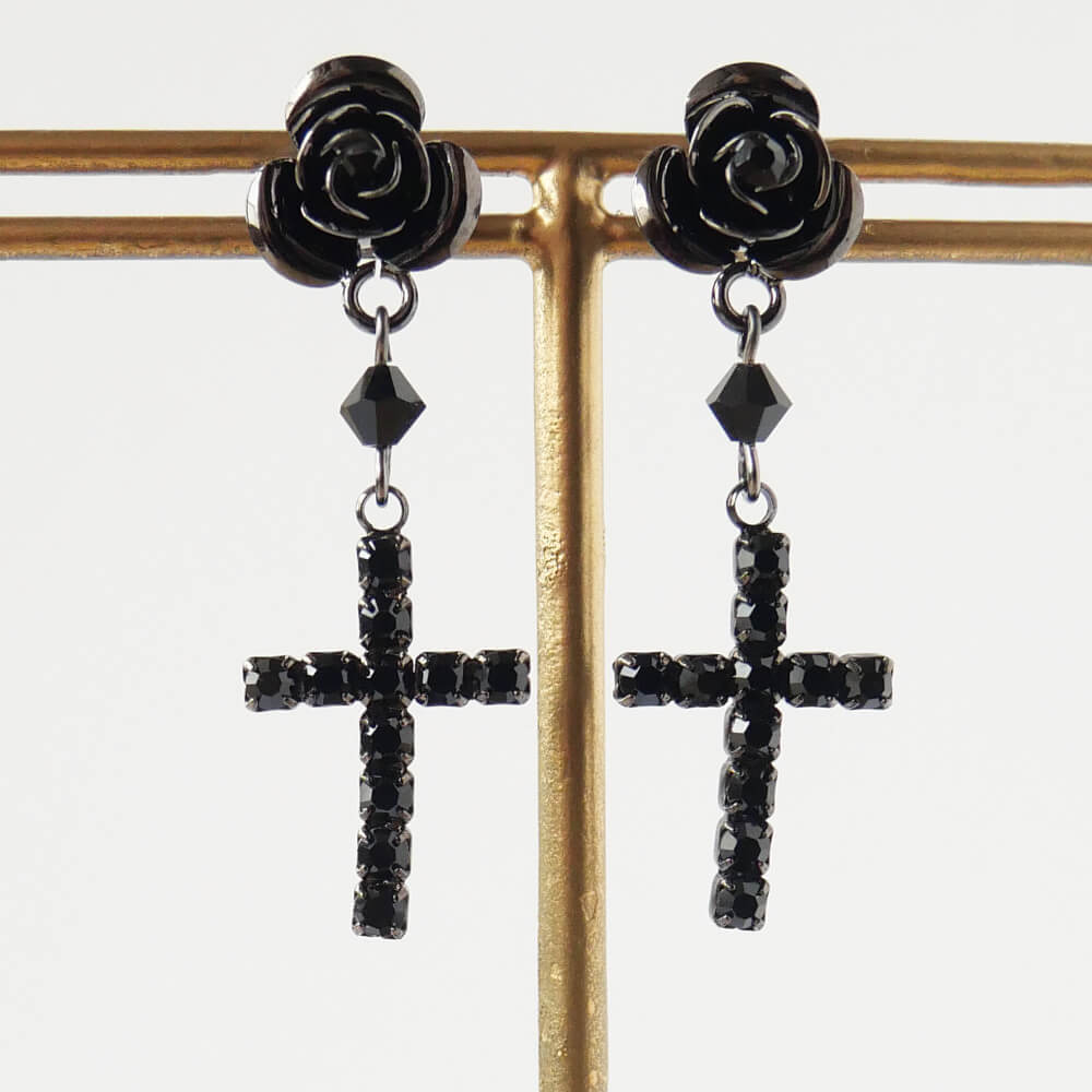 Rose Garden Gothic Black Rose Cross Black Earrings Gothic & Lolita