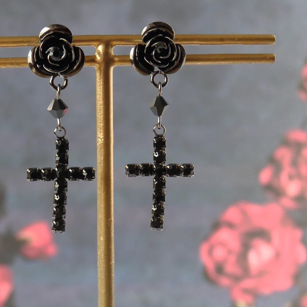 Rose Garden Gothic Black Rose Cross Black Earrings Gothic & Lolita