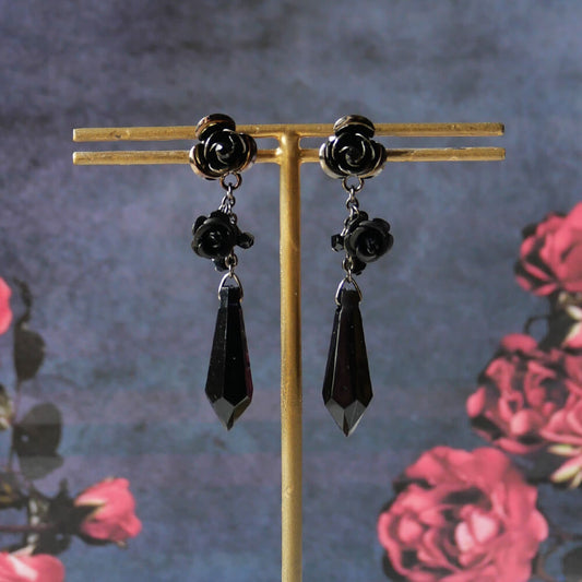 黒薔薇 ロング ピアス ブラックストーン ゴシック ゴスロリ バラ