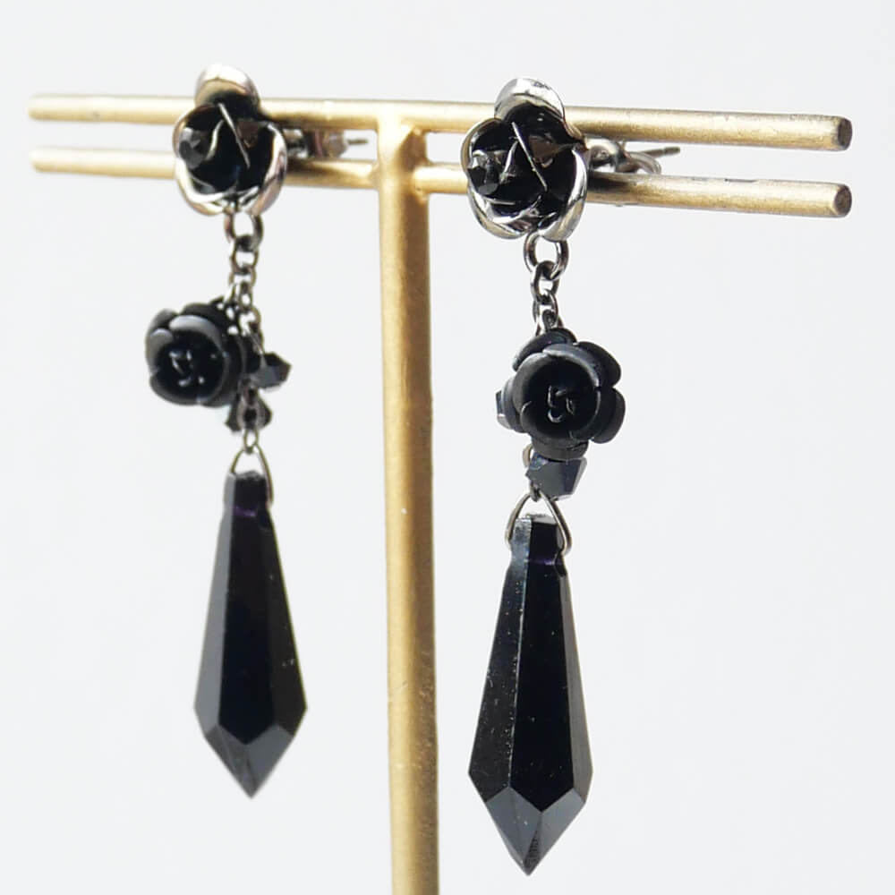 黒薔薇 ロング ピアス ブラックストーン ゴシック ゴスロリ バラ