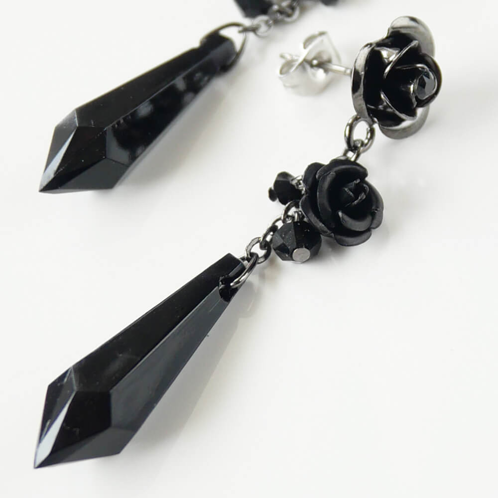 黒薔薇 ロング ピアス ブラックストーン ゴシック ゴスロリ バラ