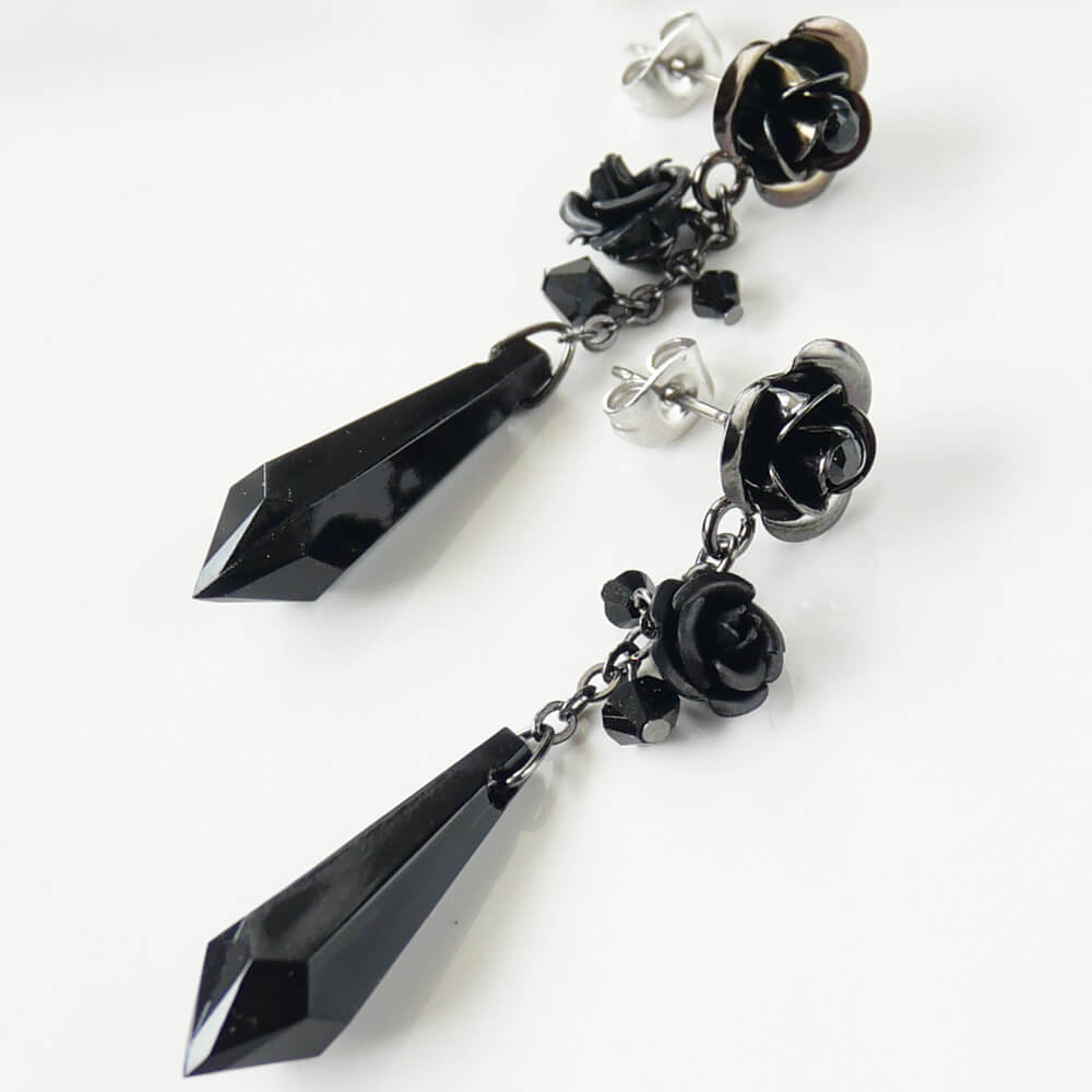 黒薔薇 ロング ピアス ブラックストーン ゴシック ゴスロリ バラ