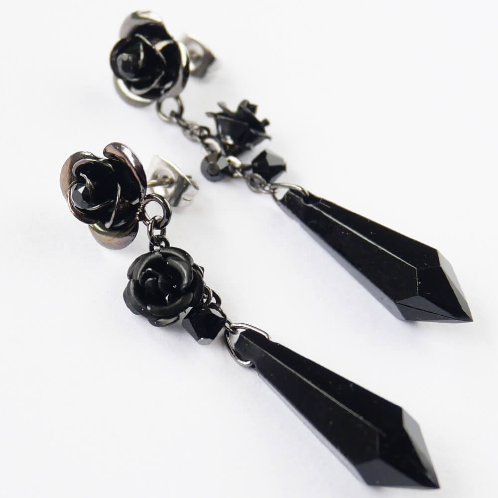 黒薔薇 ロング ピアス ブラックストーン ゴシック ゴスロリ バラ