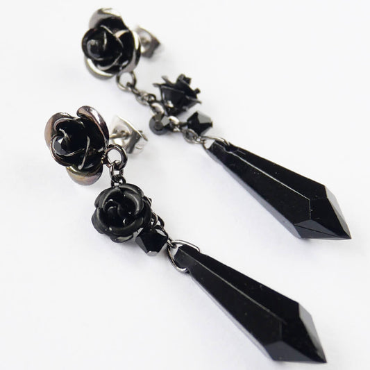 黒薔薇 ロング ピアス ブラックストーン ゴシック ゴスロリ バラ