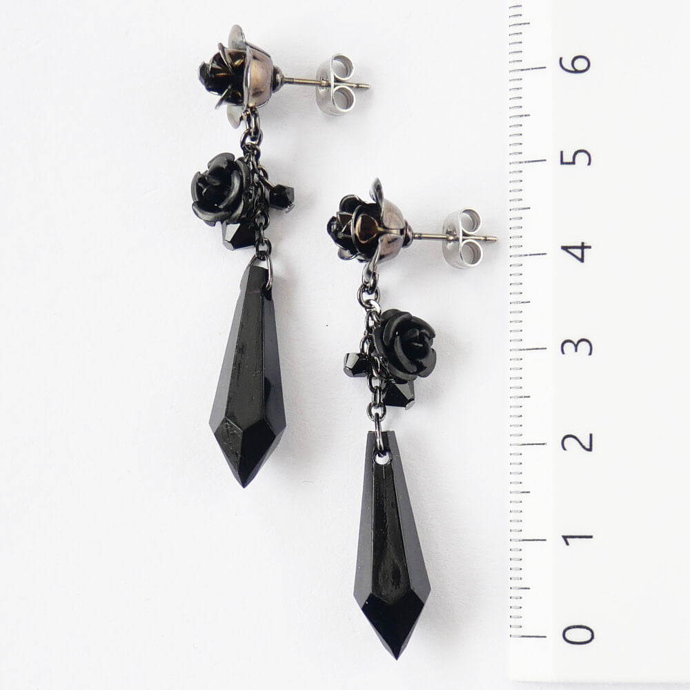黒薔薇 ロング ピアス ブラックストーン ゴシック ゴスロリ バラ