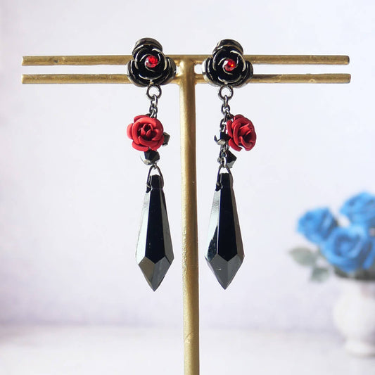 赤薔薇 ロング ピアス ブラックストーン ゴシック ゴスロリ バラ