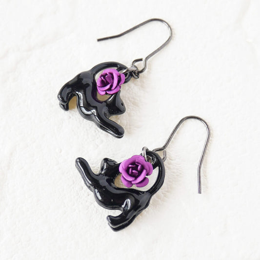 ピアス 黒猫 ブラックキャッツ 紫薔薇