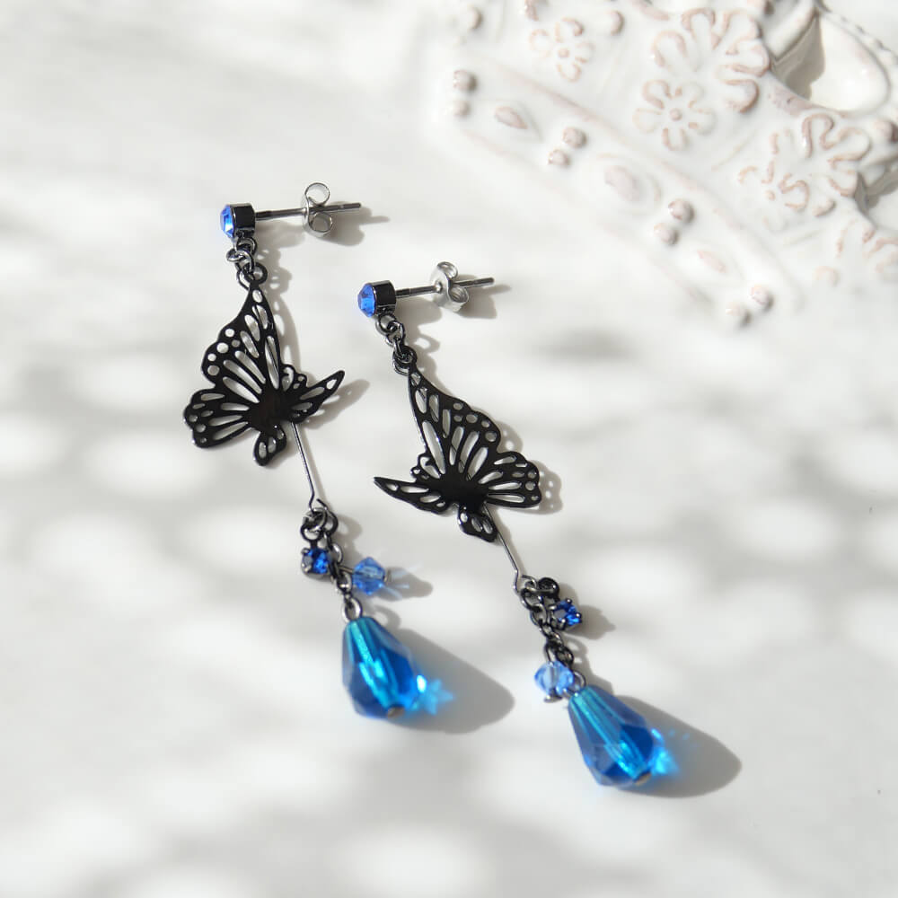 ゴスロリ ピアス ステンド蝶 バタフライ ブルードロップ