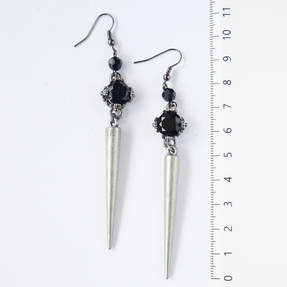 【ゴシック パンク】ブラックストーン ロングスタッズ ピアス 10cm 十字架 石座 ハンドメイド