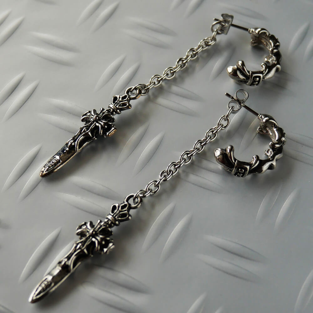 Men's Earrings Dagger Sword Hoop Chain Gothic Punk Rock Silver-Colored Cross Accessory