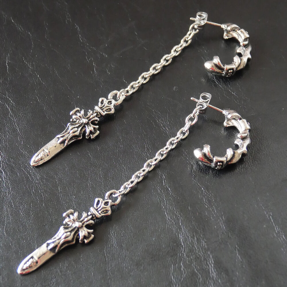 Men's Earrings Dagger Sword Hoop Chain Gothic Punk Rock Silver-Colored Cross Accessory