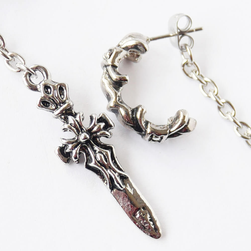 Men's Earrings Dagger Sword Hoop Chain Gothic Punk Rock Silver-Colored Cross Accessory