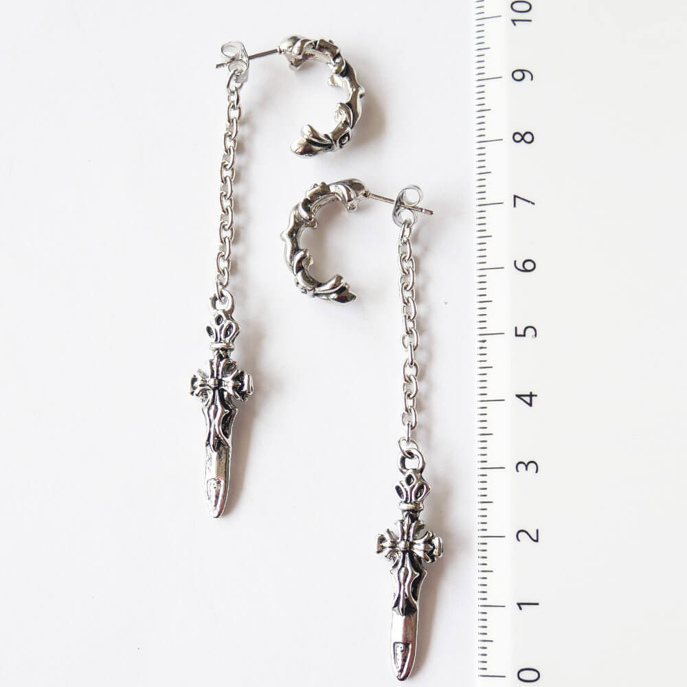 Men's Earrings Dagger Sword Hoop Chain Gothic Punk Rock Silver-Colored Cross Accessory