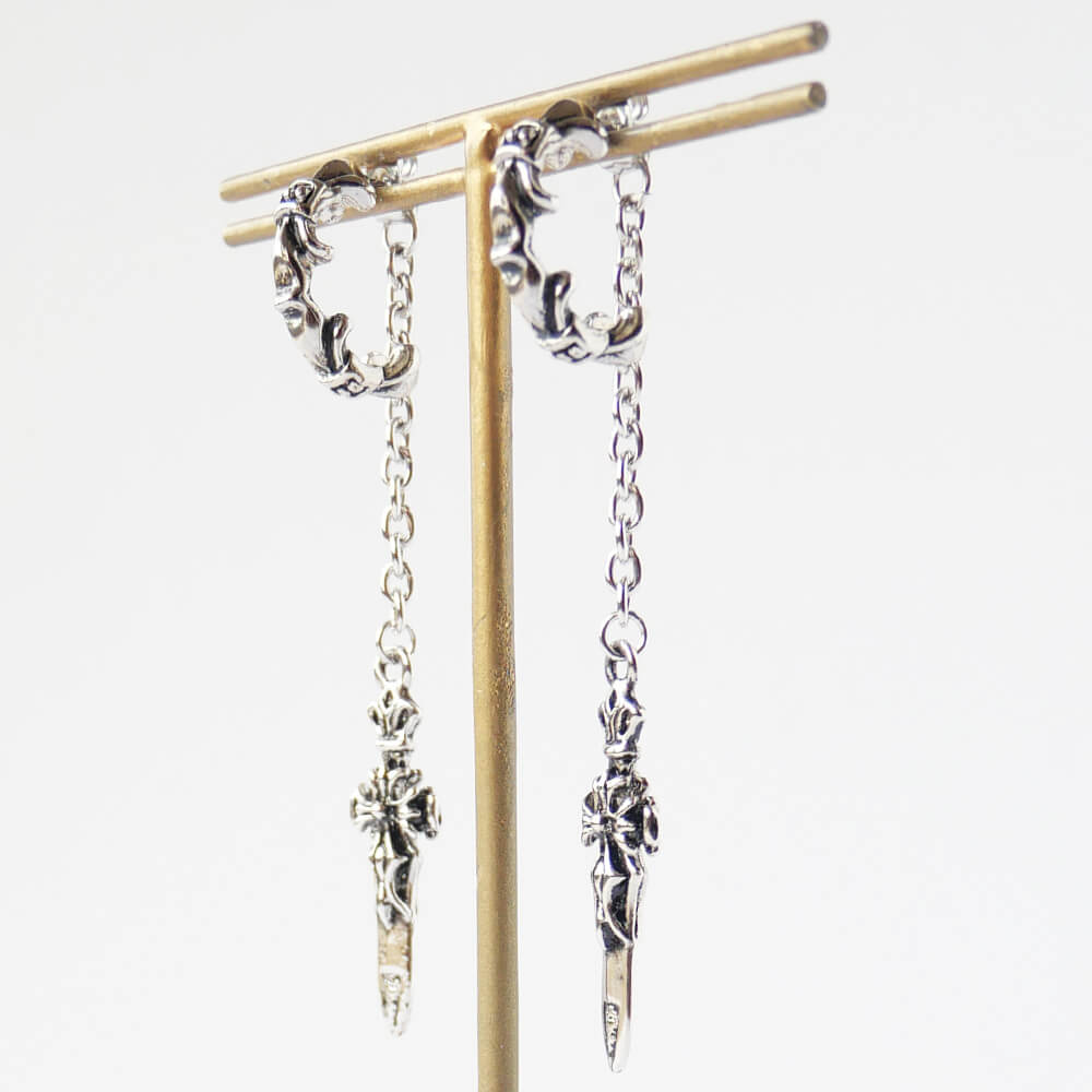 Men's Earrings Dagger Sword Hoop Chain Gothic Punk Rock Silver-Colored Cross Accessory