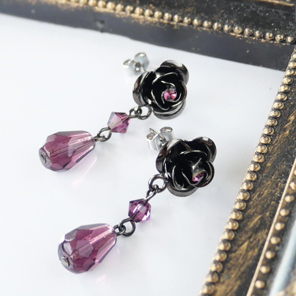 ピアス 薔薇 紫 ローズ パープルドロップ