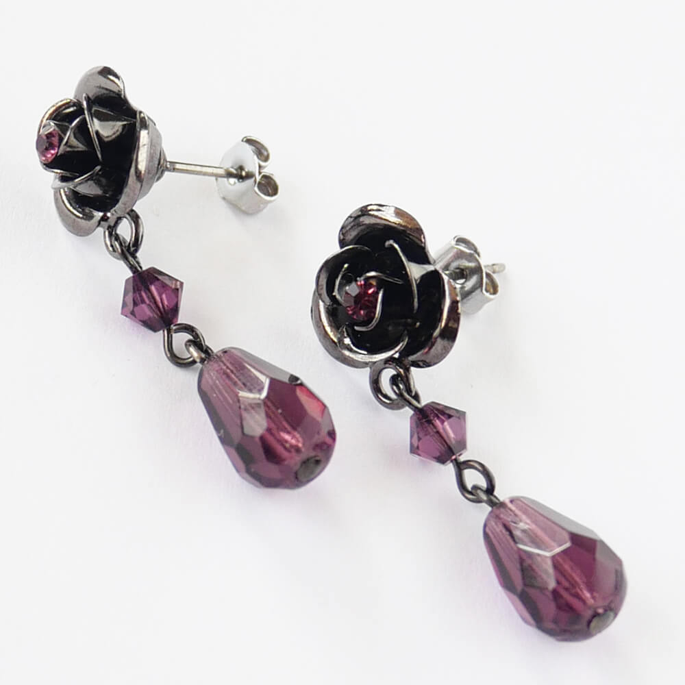 ピアス 薔薇 紫 ローズ パープルドロップ